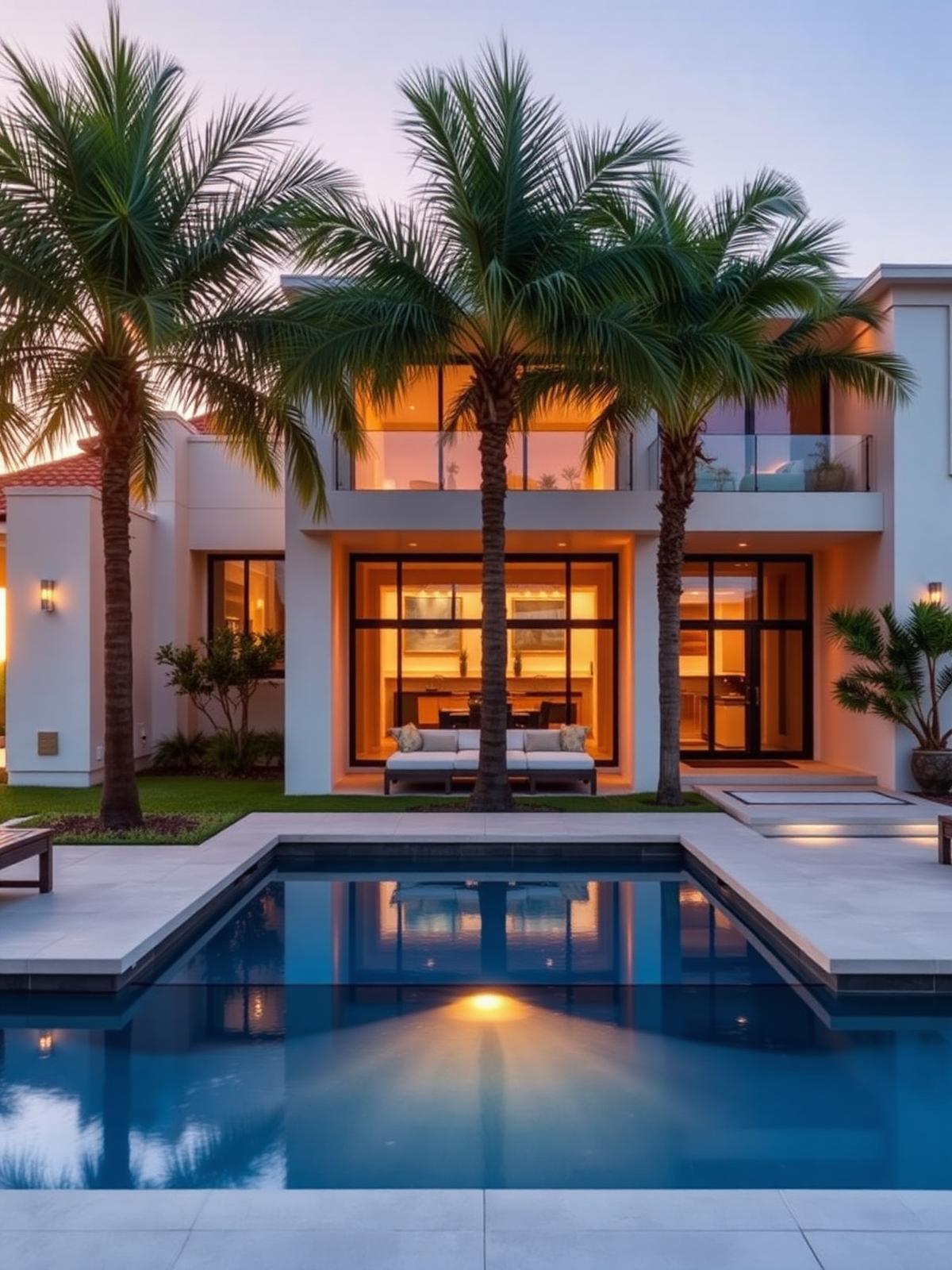 Modern Florida coastal home at golden hour with palm trees and pool